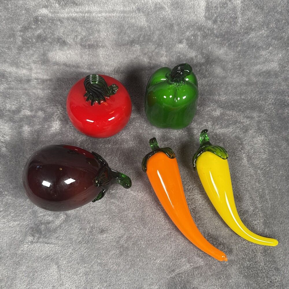 Blown Glass Murano Style Green Pepper, Tomato, Eggplant, Orange & Yellow Pepper